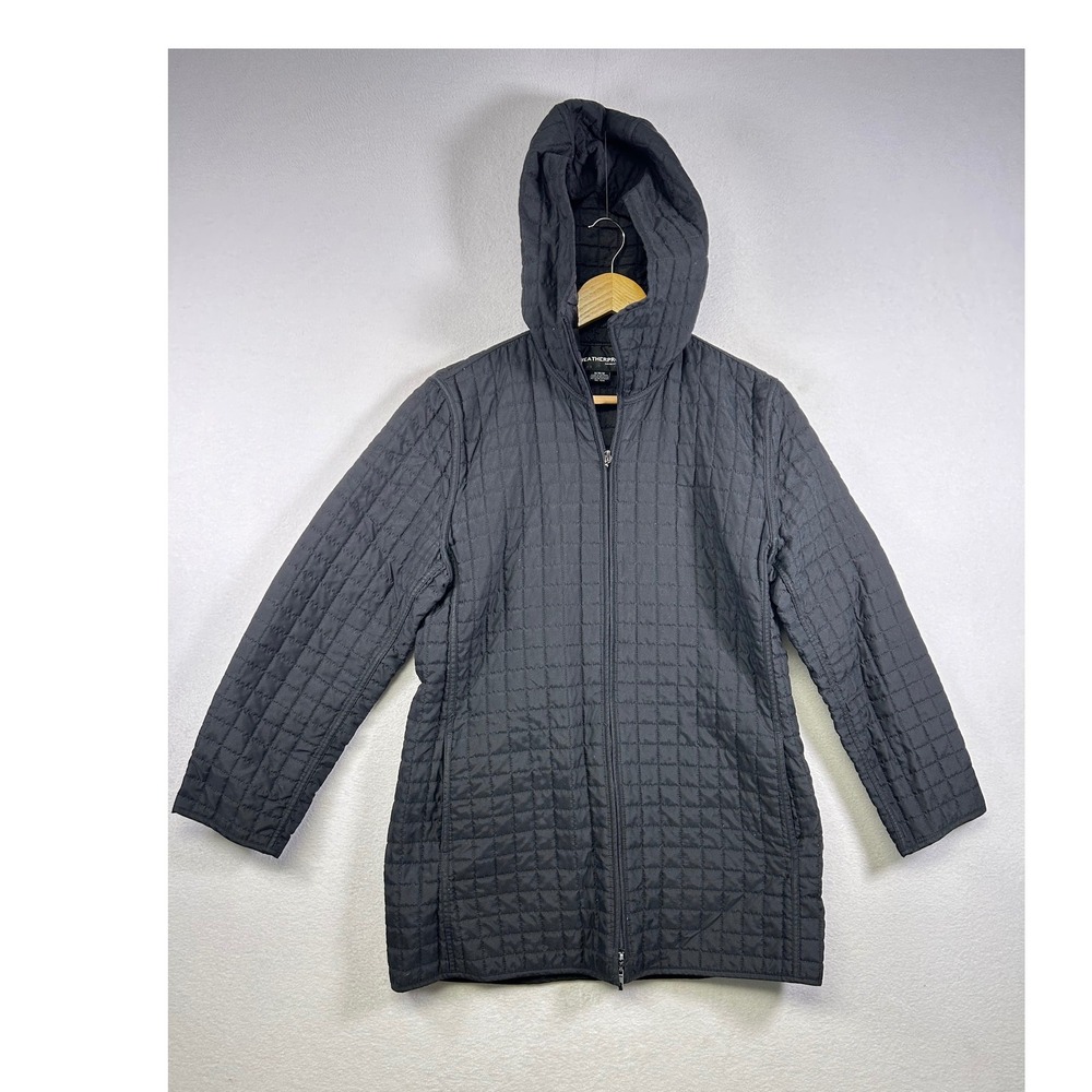 Weatherproof Quilted Jacket Womens Medium Black Hooded Full Zip Grid‎ Pattern